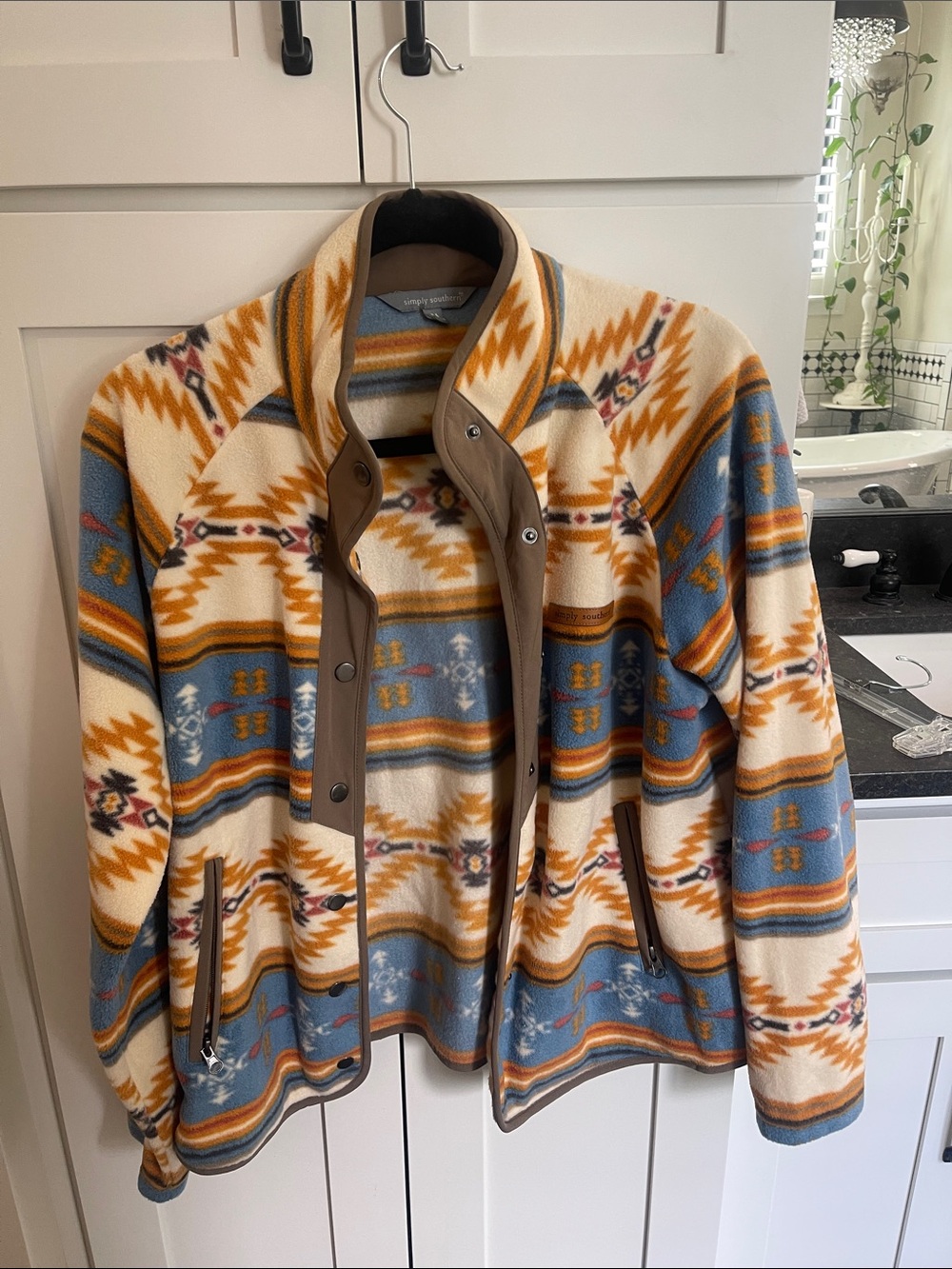 Simply Southern Cream & Blue Aztec Teddy Jacket with Tan Trim